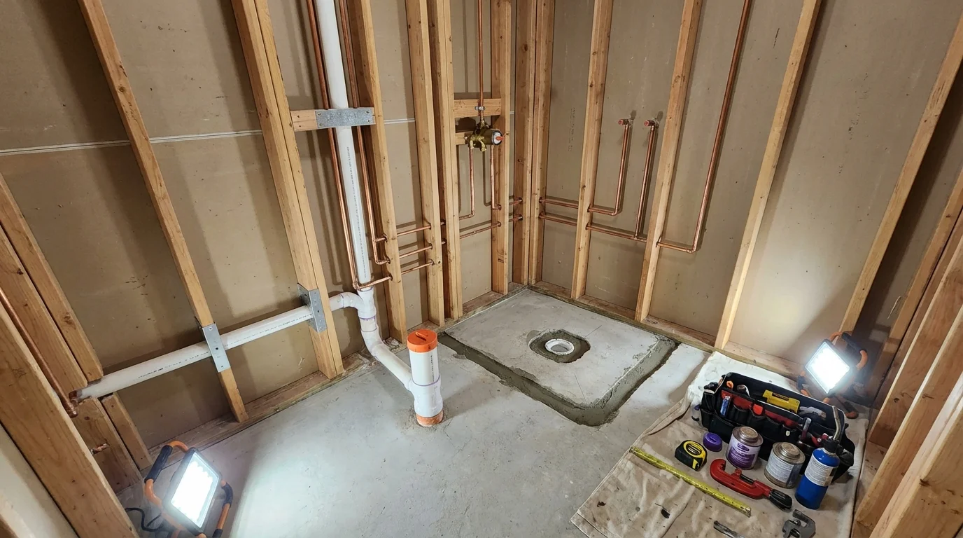 Bathroom rough-in plumbing during remodel by Johns Plumbing LLC in West Dennis