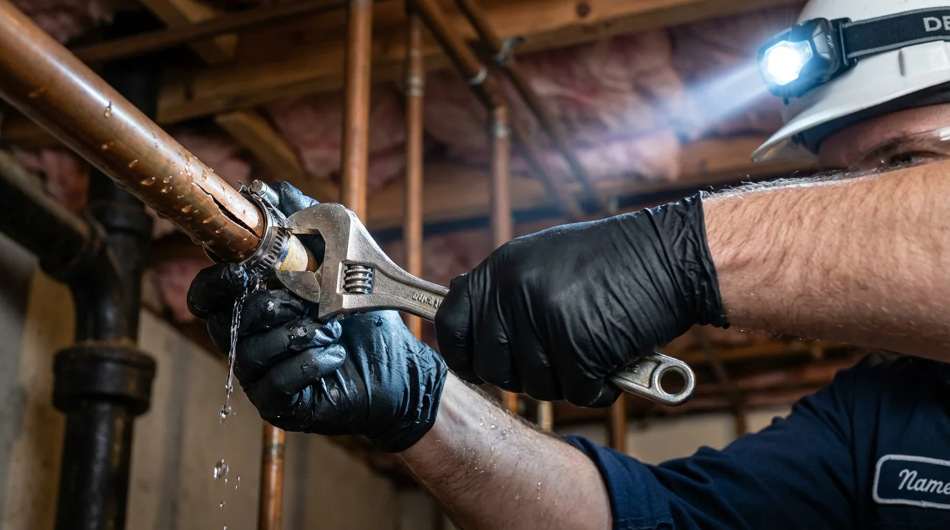 Emergency pipe clamp repair being performed by a Johns Plumbing LLC plumber in West Dennis