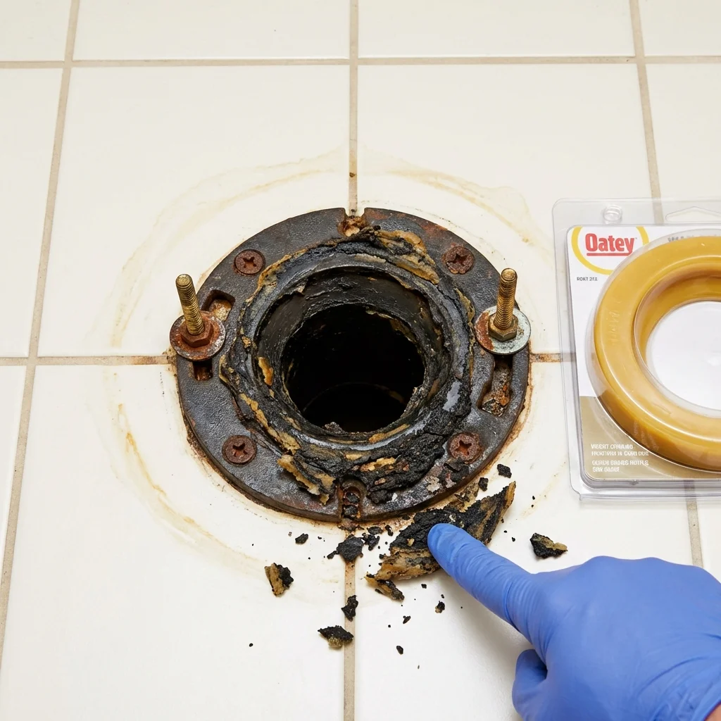 Failed wax ring showing water seepage at the base of a toilet in a West Dennis, MA home