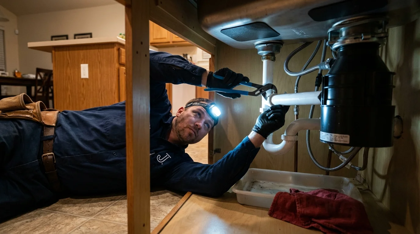 P-trap and supply line connections under a kitchen sink showing a common leak point in West Dennis, MA